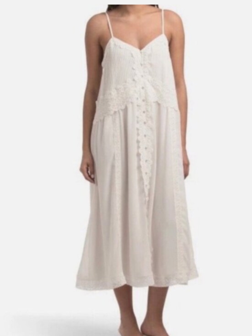 Caroline Constas Off White Lace Pleated Midi Dress with Lace Trim